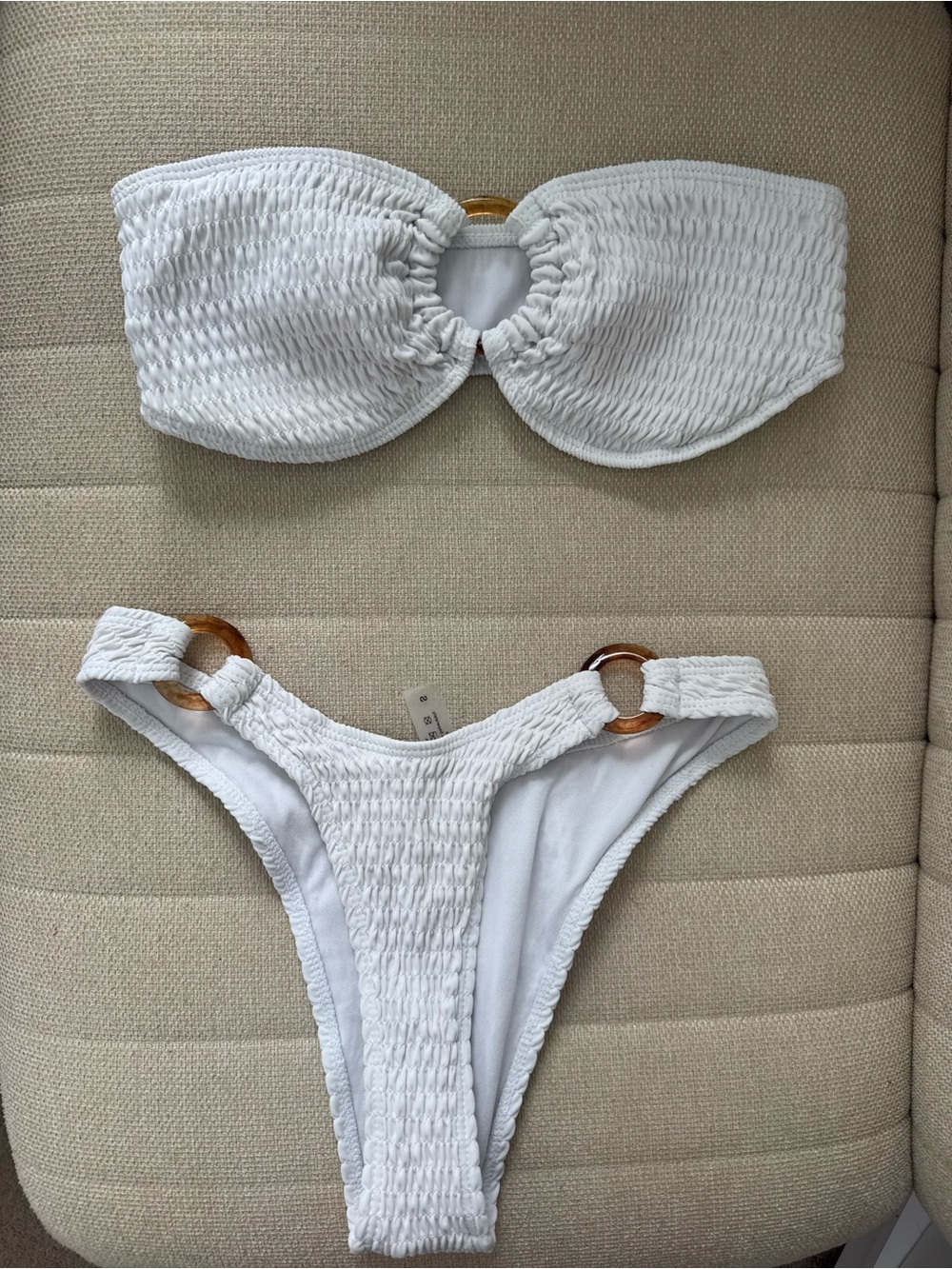 White Smocked Bandeau Bikini Set with Tortoise Rings
